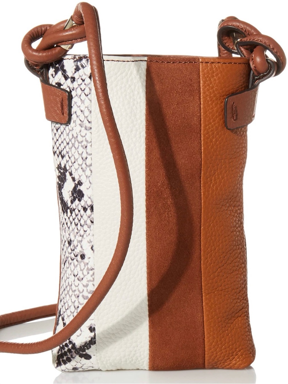 Vince Camuto Brown/White/Snake-Print Leather & Suede Stripe Cellphone Crossbody